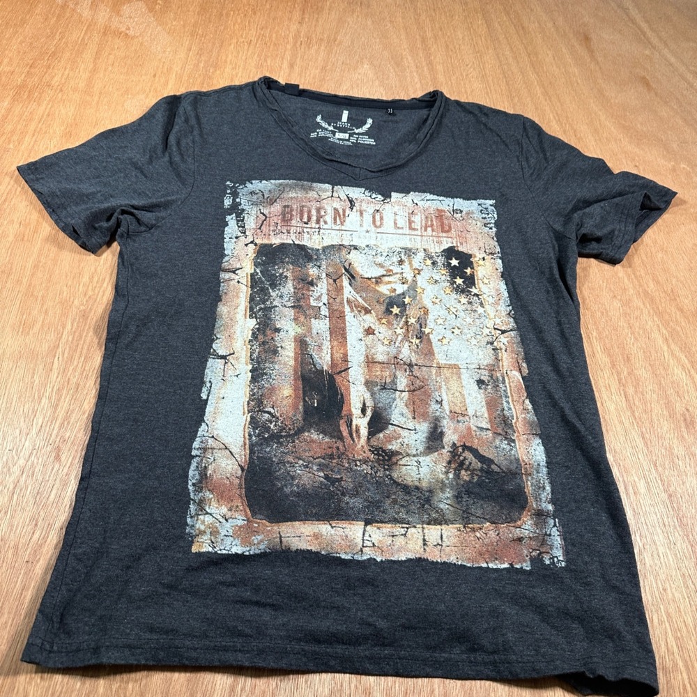Buffalo Jeans Graphic Tee Mens Large Black Born to Lead American Flag Shirt